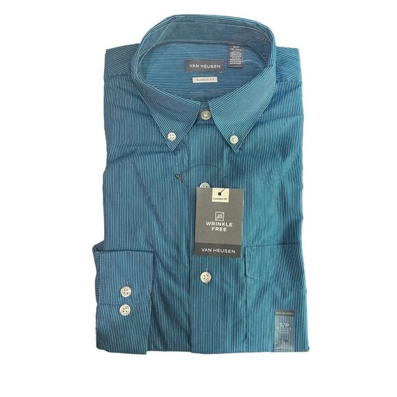 Van Heusen Men's Classic Fit Wrinkle-Free Dress Shirt Size S Teal Striped Cotton - Picture 1 of 6